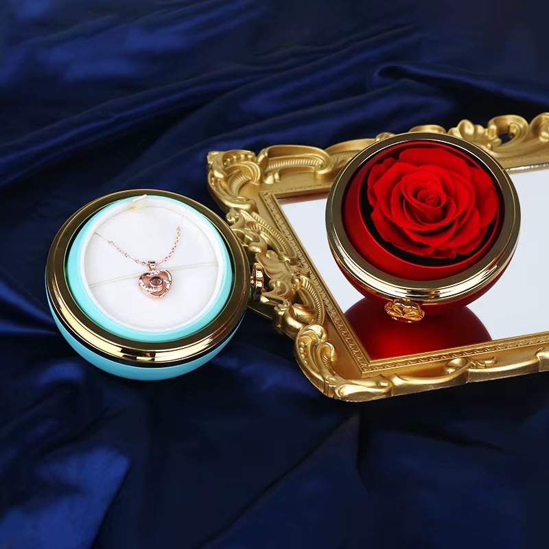 Valentines  Gifts Luxury Real Preserved Eternal Rose Jewelry Box with Necklace Ring Rounded Rotating Jewelry Box