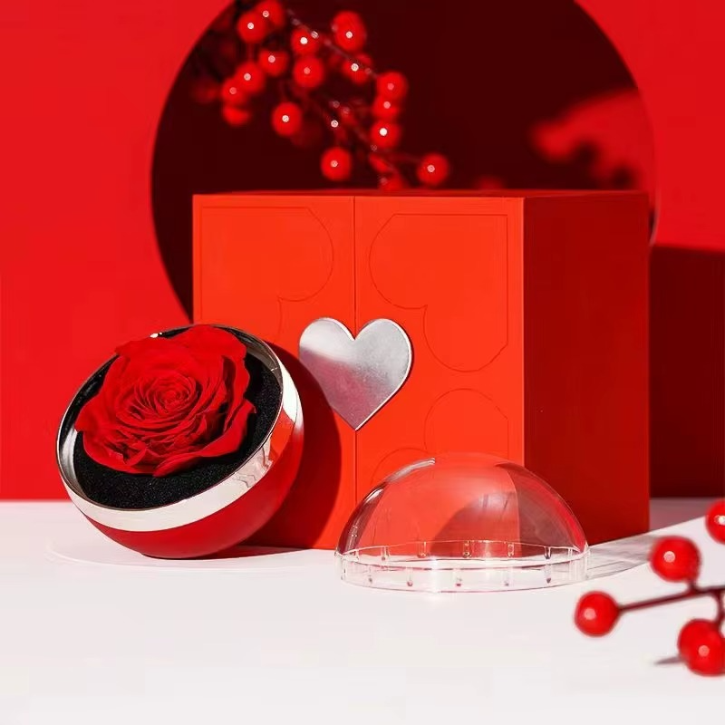 Valentines  Gifts Luxury Real Preserved Eternal Rose Jewelry Box with Necklace Ring Rounded Rotating Jewelry Box