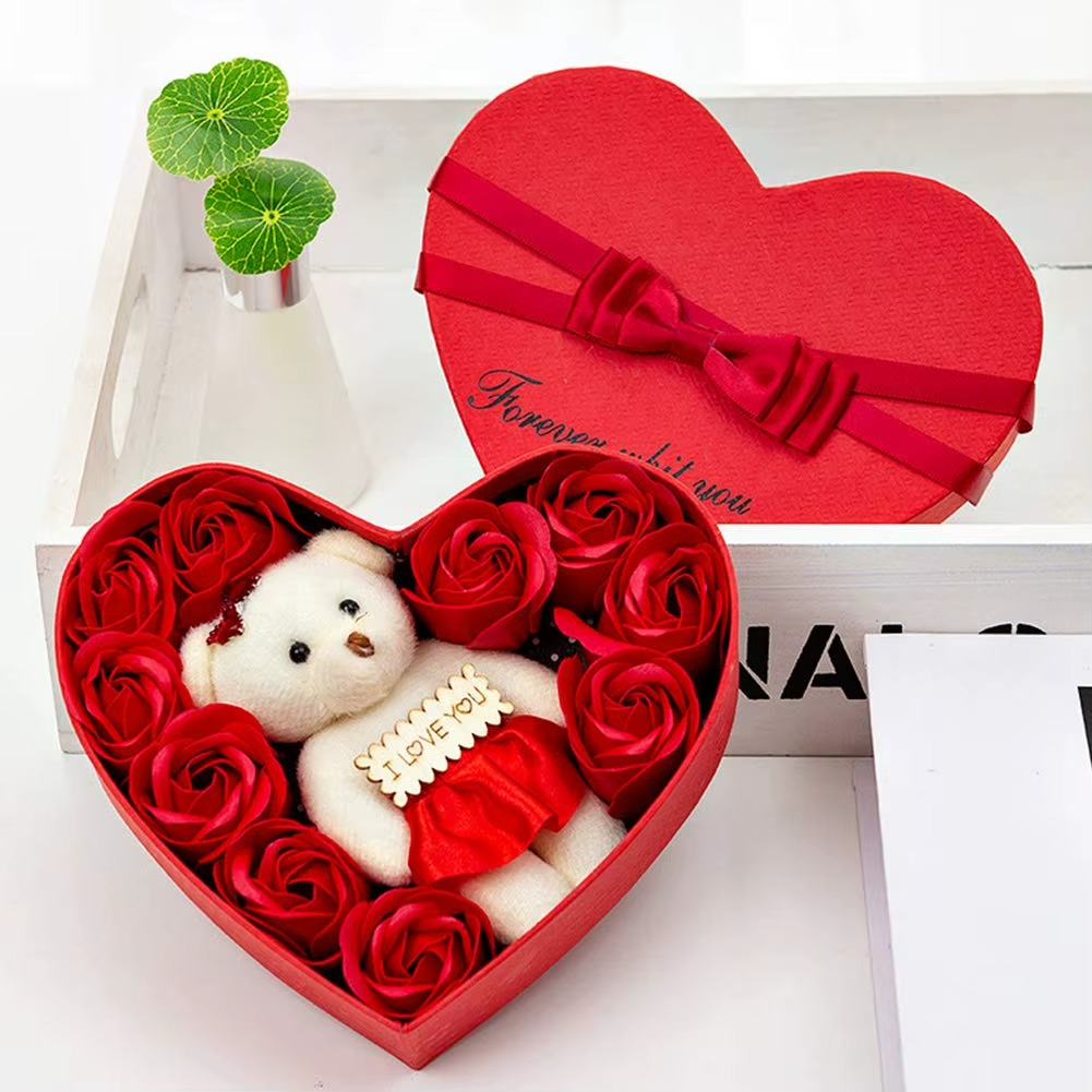 Heart Shaped Valentines Day Gift Box with I Love You Message Teddy Bear 3 Red Roses Valentine Gift for Girlfriend Boyfriend Husband Wife Valentines Day Gift Valentine Day