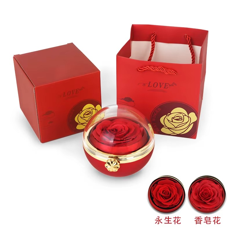 Valentines  Gifts Luxury Real Preserved Eternal Rose Jewelry Box with Necklace Ring Rounded Rotating Jewelry Box