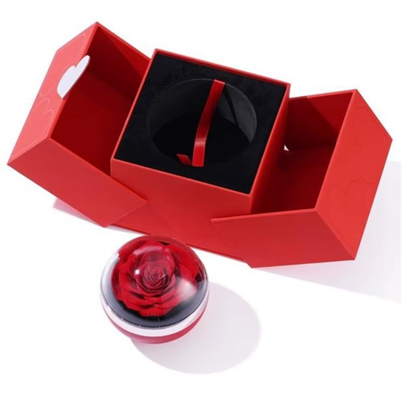 Valentines  Gifts Luxury Real Preserved Eternal Rose Jewelry Box with Necklace Ring Rounded Rotating Jewelry Box